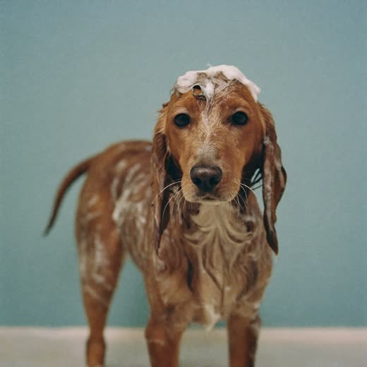 A damp cockapoo in a grooming bath, coat softly lathered
